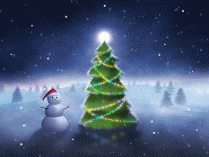 Winterlandschaft mit Weihnachtsbaum und Schneemann